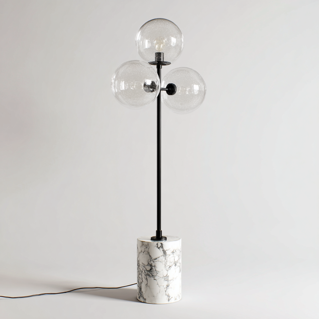 Lampadaire en métal et verre 162x41x41 cm - base en marbre blanc - style contemporain à 3 globes ronds-Shelterora