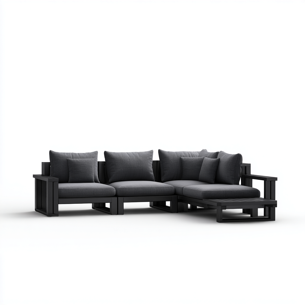 Canapé d'extérieur d'angle en bois noir 230x210x75 cm avec coussins gris foncé - style moderne - pour jardin ou terrasse-Shelterora
