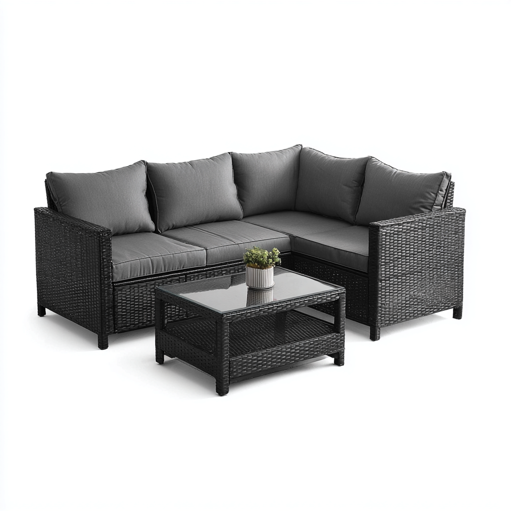 Salon de jardin d'extérieur en résine tressée noire et tissu 205x145x75 cm - gris - style moderne et convivial - canapé d'angle avec table basse en verre-Shelterora