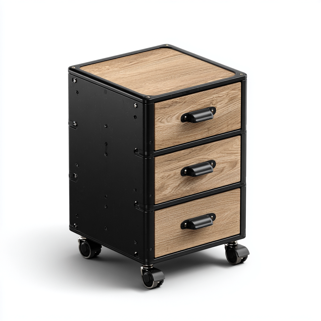 Caisson de rangement à roulettes - bois et métal - 3 tiroirs - 62x38x43 cm - style industriel-Shelterora