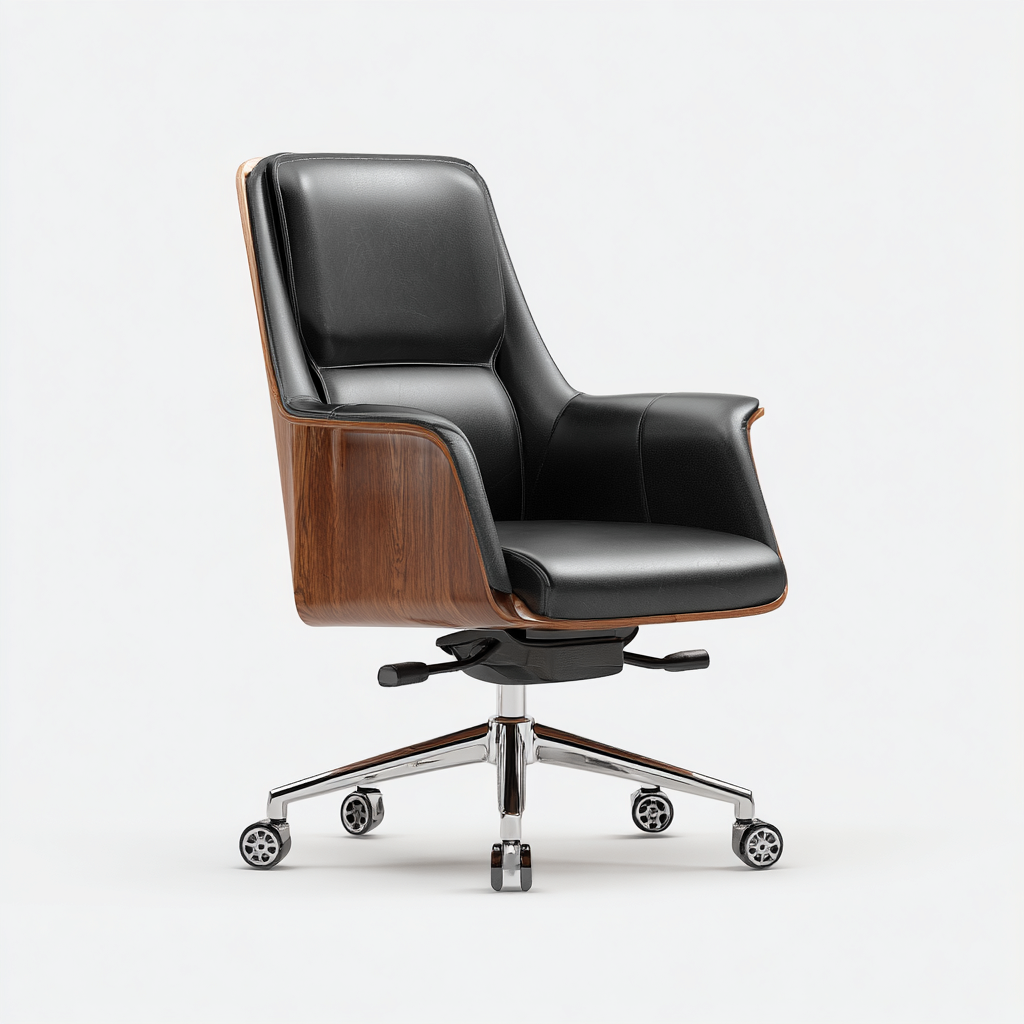 Chaise de bureau - simili cuir noir et bois - 105x64x66 cm - accoudoirs intégrés - hauteur réglable - piètement à roulettes chromé - design ergonomique-Shelterora