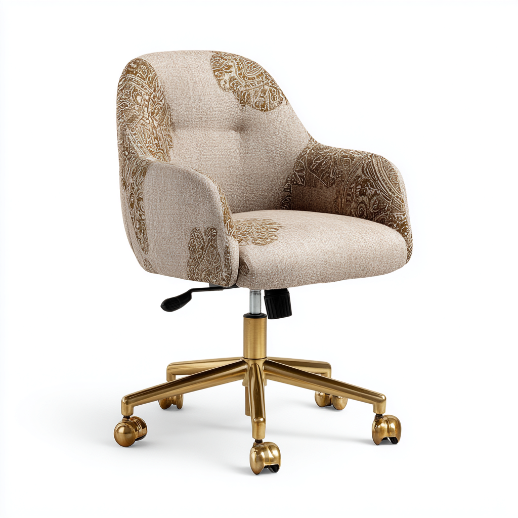 Chaise de bureau en tissu motif beige et or avec base dorée - design élégant réglable 101x57x61 cm-Shelterora