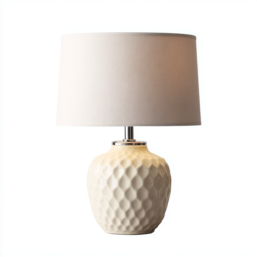 Lampe de table en céramique crème texturée avec abat-jour textile beige - 48x30x30 cm - design moderne élégant-Shelterora