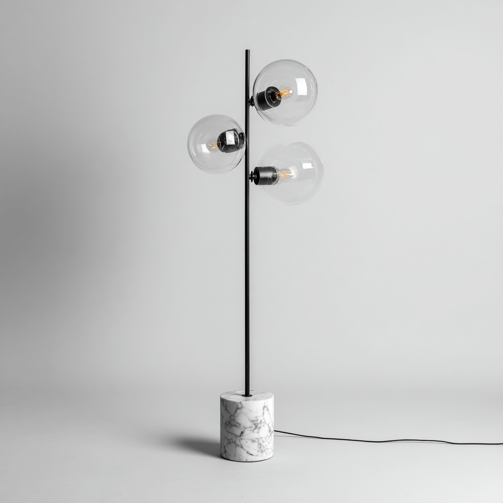 Lampadaire en métal et verre 168x43x43 cm - base en marbre blanc - style design à 3 globes-Shelterora