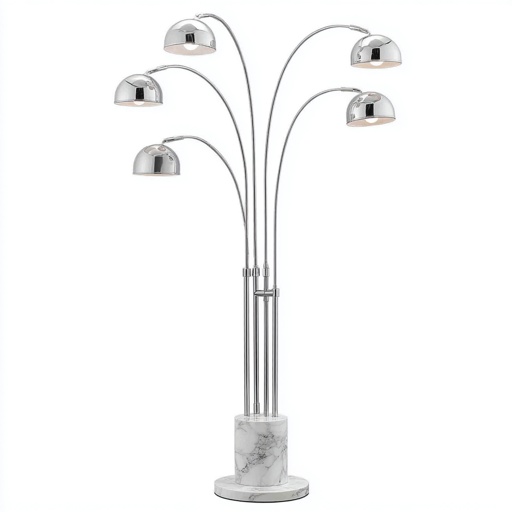 Lampadaire arqué 5 lumières en métal argent avec abat-jours demi-sphère 215x125x46 cm - base en marbre blanc - style moderne-Shelterora