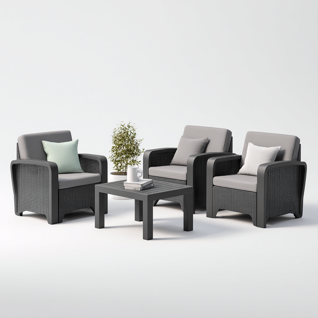 Salon de jardin en plastique tressé gris anthracite avec coussins gris - 3 fauteuils + table basse - design moderne et résistant aux intempéries-Shelterora