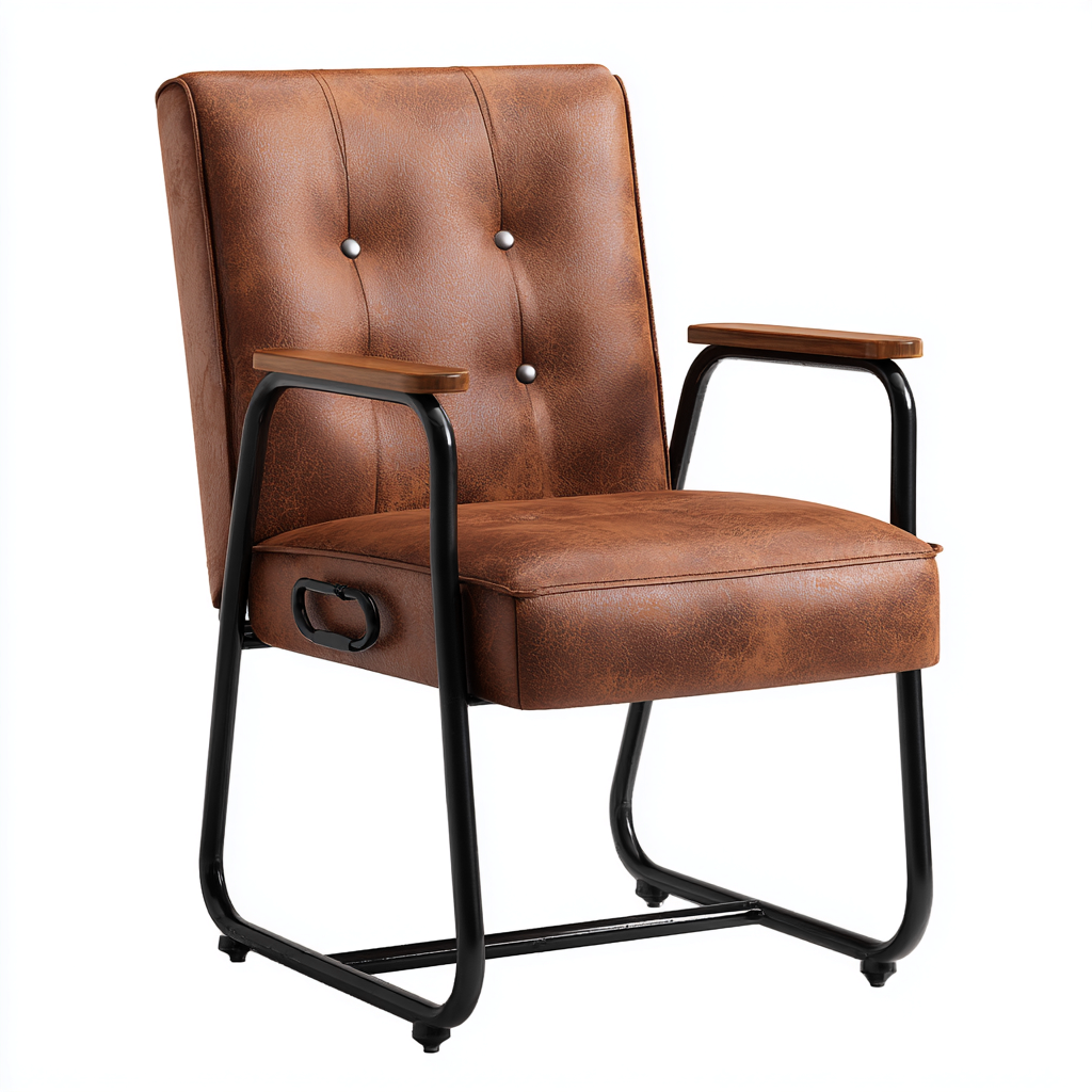 Chaise de bureau - cuir marron vintage - 94x57x61 cm - accoudoirs en bois - piètement fixe en métal noir - design rétro ergonomique-Shelterora