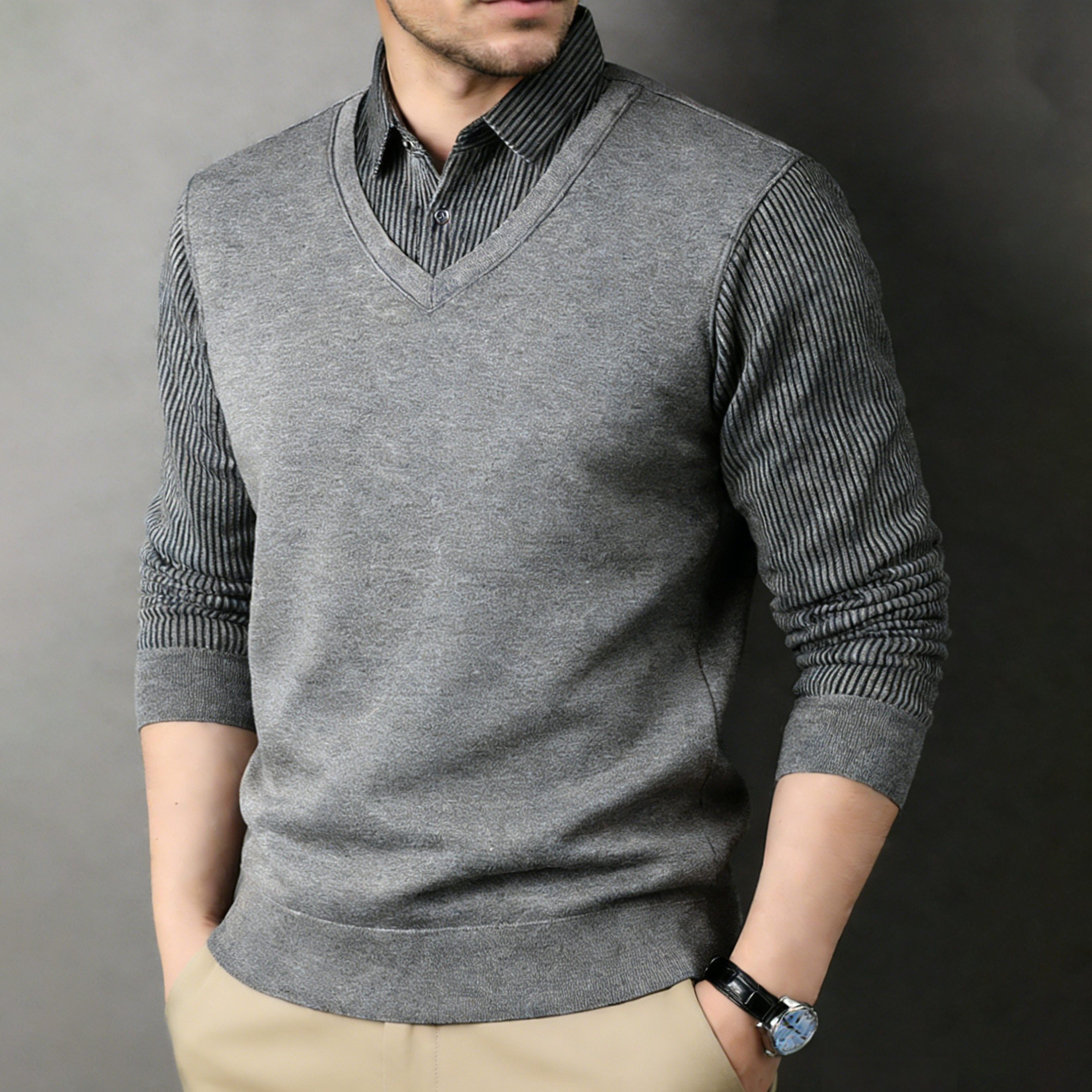 Men's Sweater Knit Shirt Collar Fleece-Lined Thickened Warm Faux Two-Piece
