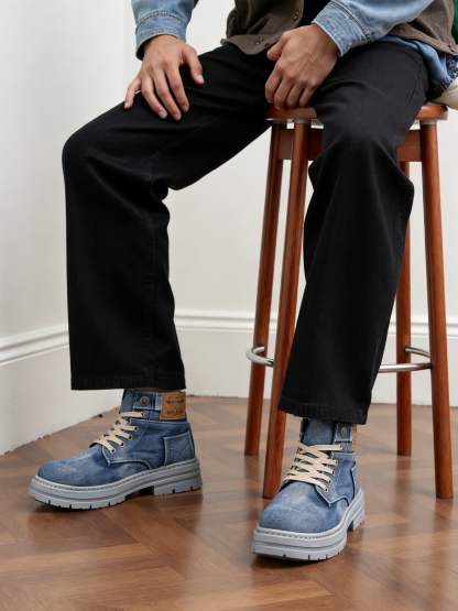⏰LAST DAY 70% OFF🛒Men’s Denim Lace Up Ankle Boots with Thick Sole Casual Work Style