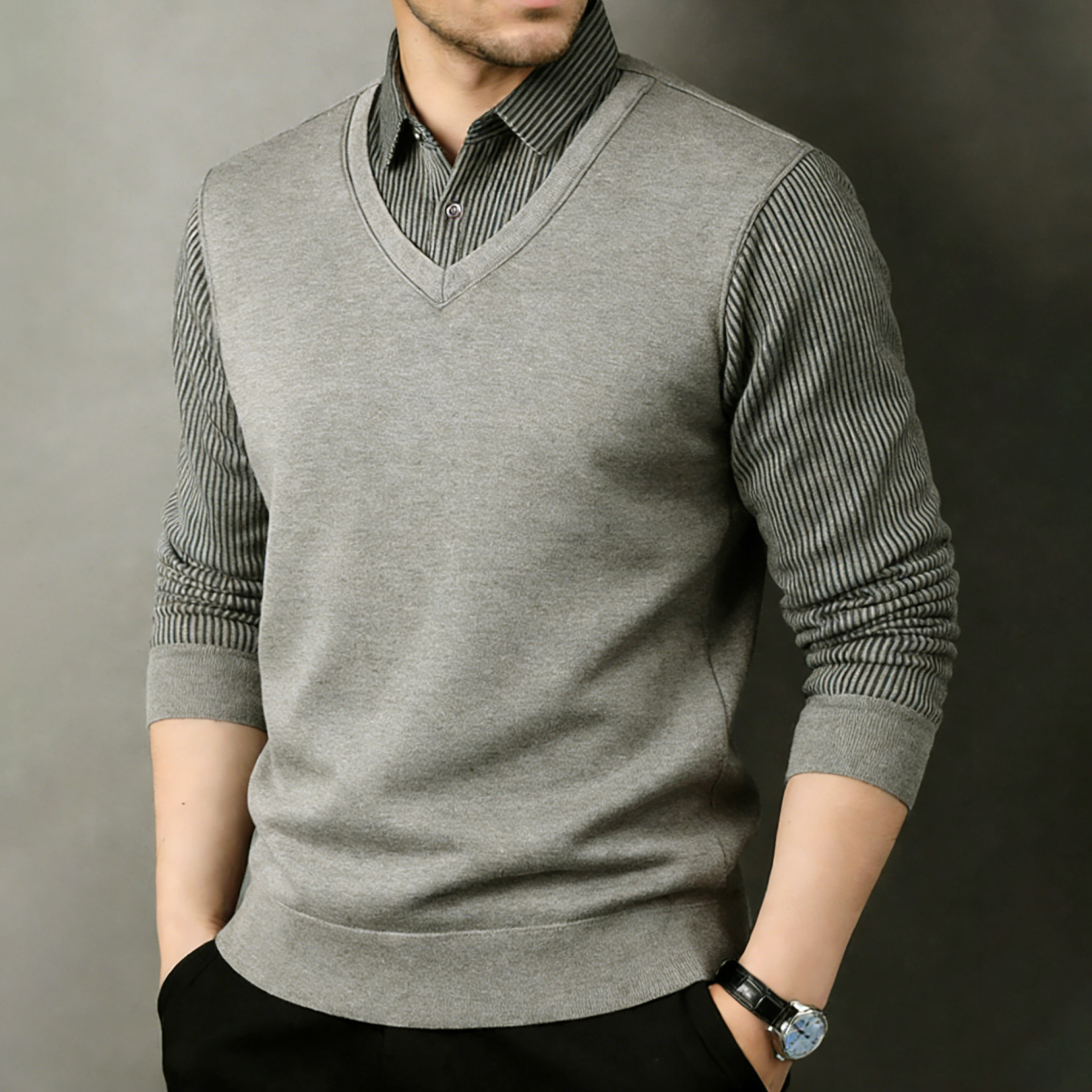 Men's Sweater Knit Shirt Collar Fleece-Lined Thickened Warm Faux Two-P