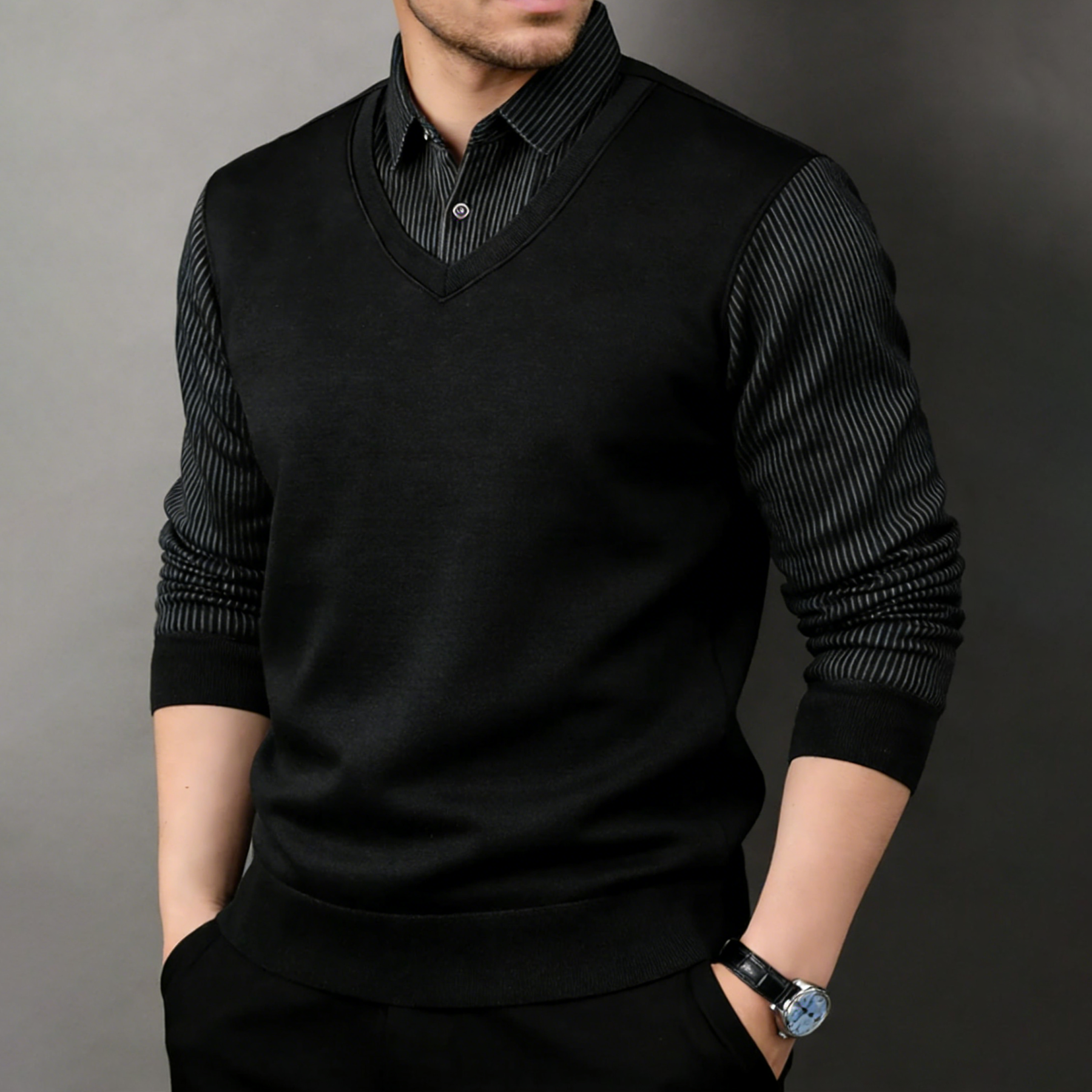 Men's Sweater Knit Shirt Collar Fleece-Lined Thickened Warm Faux Two-Piece