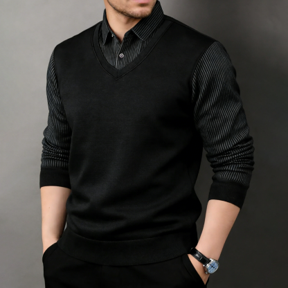 Men's Sweater Knit Shirt Collar Fleece-Lined Thickened Warm Faux Two-Piece