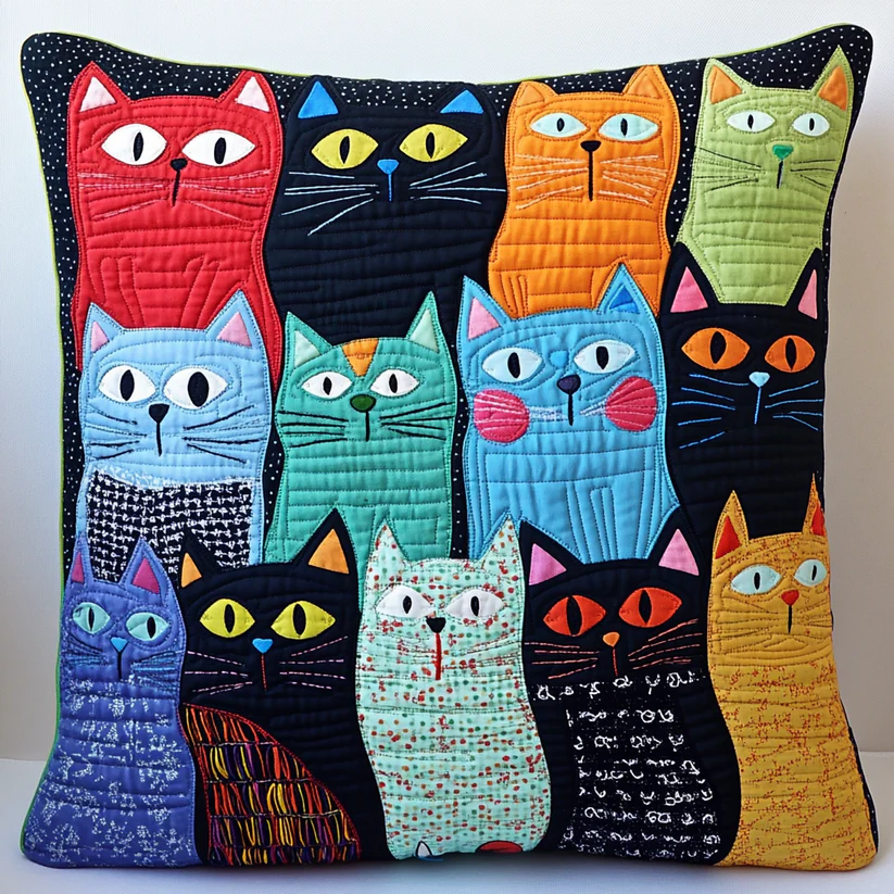 Vibrant Cat Collage Quilted Pillow