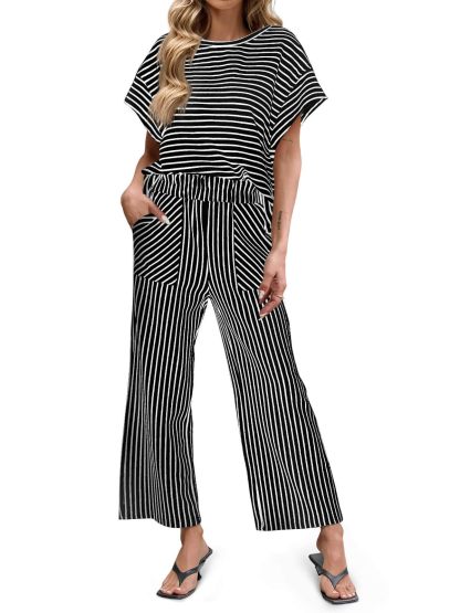 ⏰ LAST DAY SAVE 50% 💥Womens Striped Short Sleeve T Shirts Wide Leg Pants Matching Lounge Set