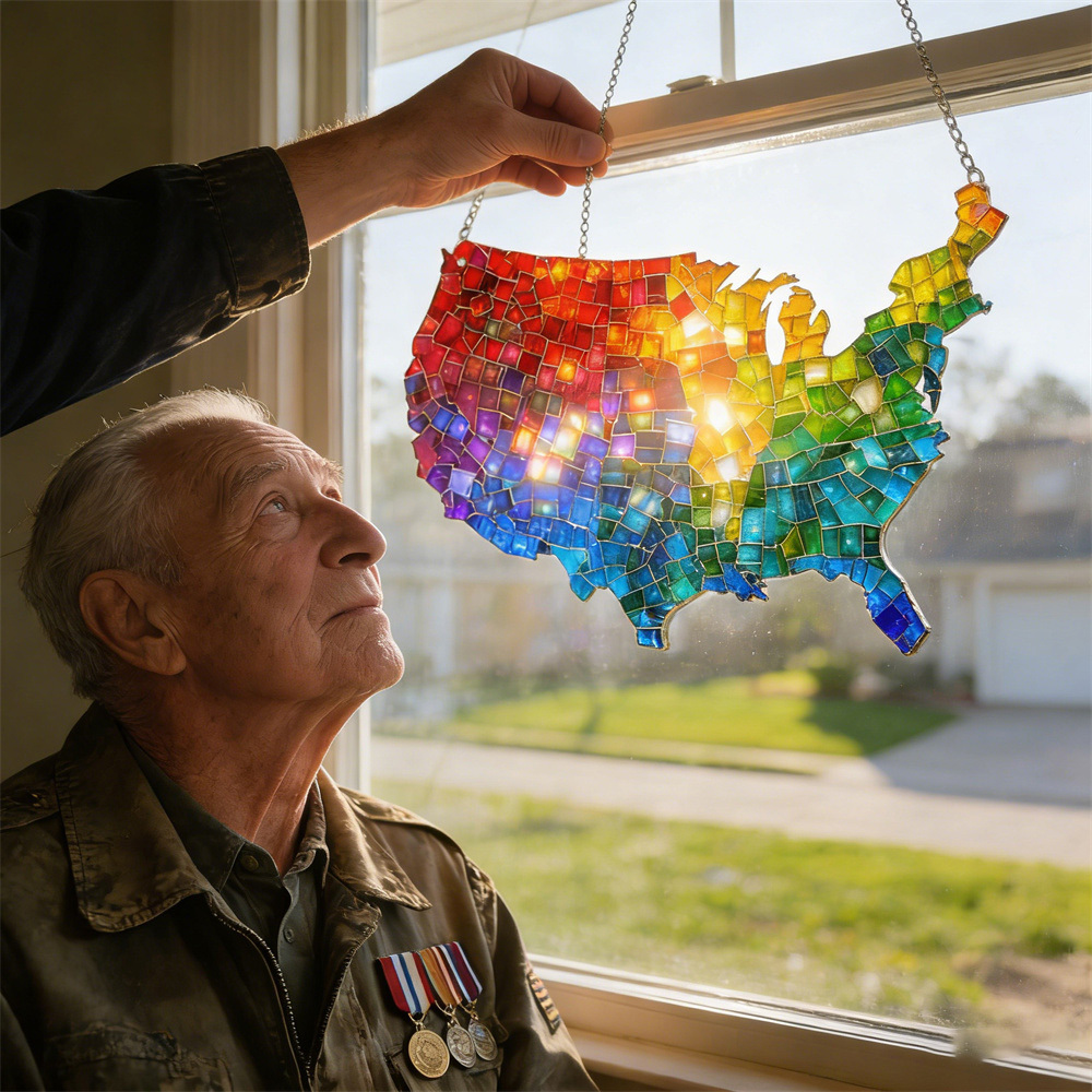Mosaic-Style USA Map Suncatcher - Hang the Rainbow of America in Your Window