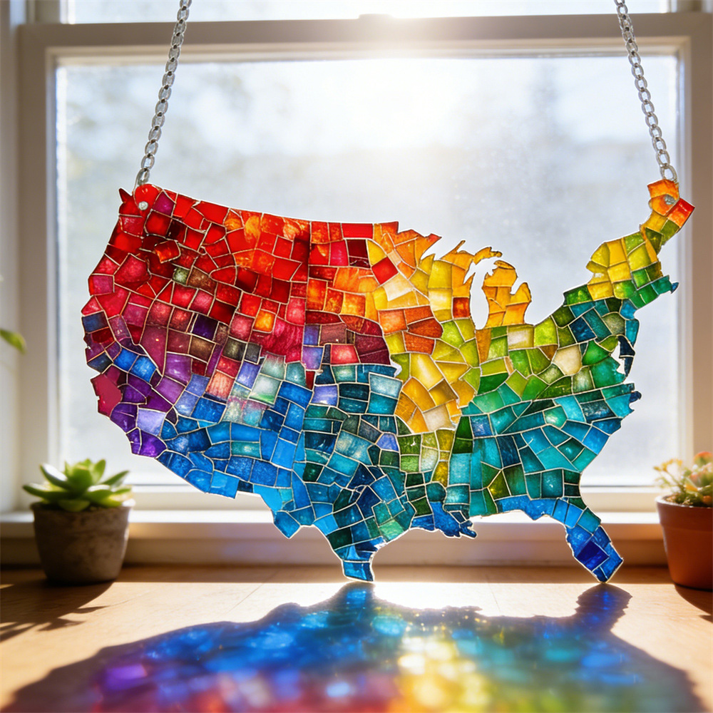 Mosaic-Style USA Map Suncatcher - Hang the Rainbow of America in Your Window