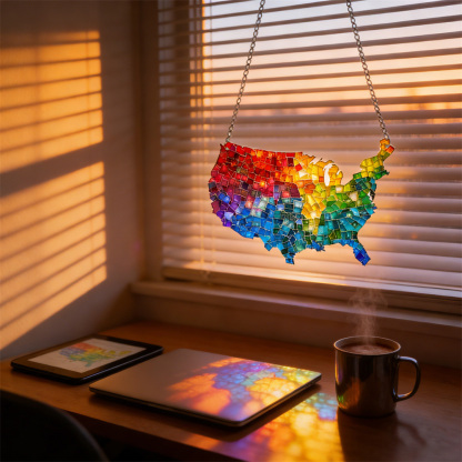 Mosaic-Style USA Map Suncatcher - Hang the Rainbow of America in Your Window