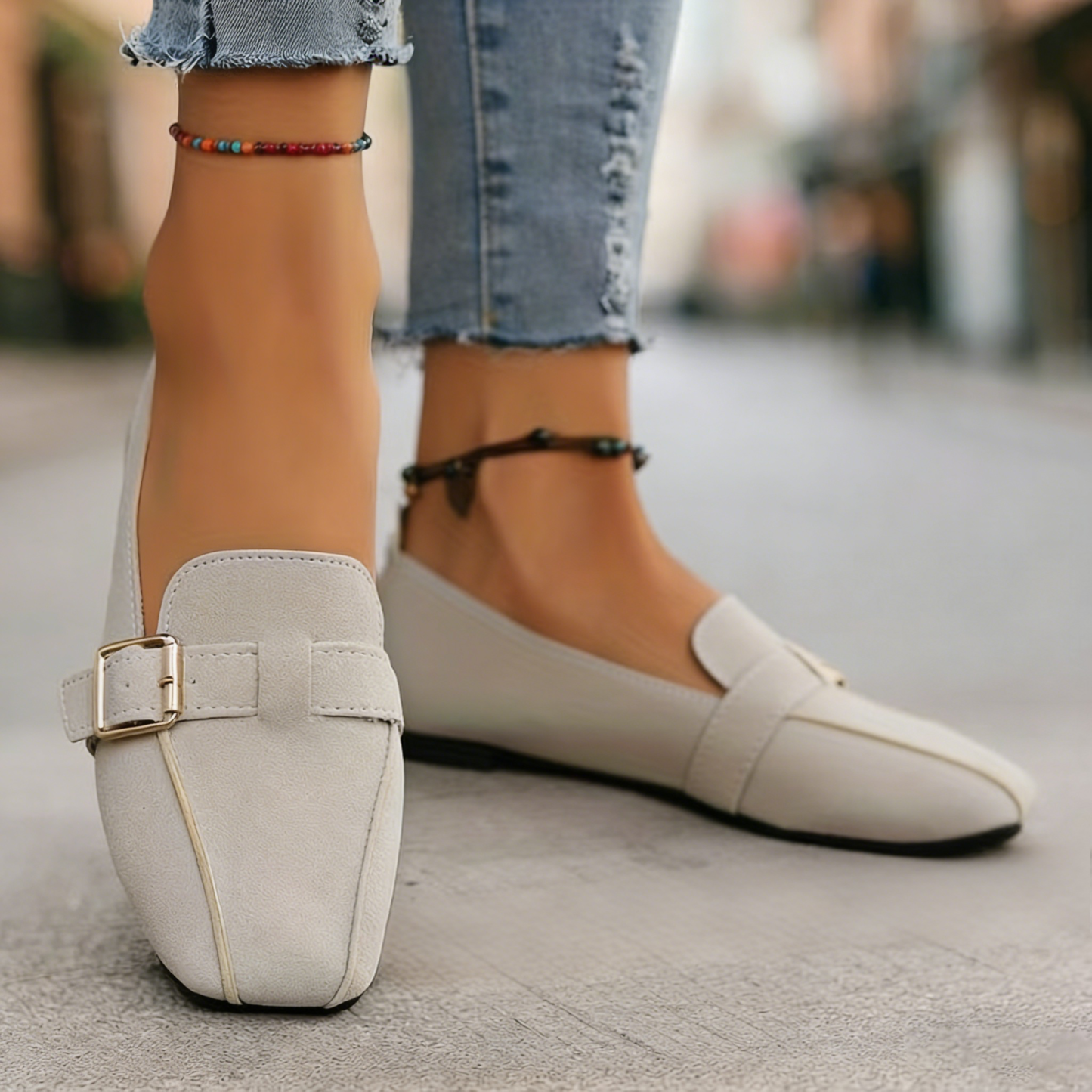 Women’s Vintage Buckle Strap Loafers – Comfortable Low Heel Casual Shoes