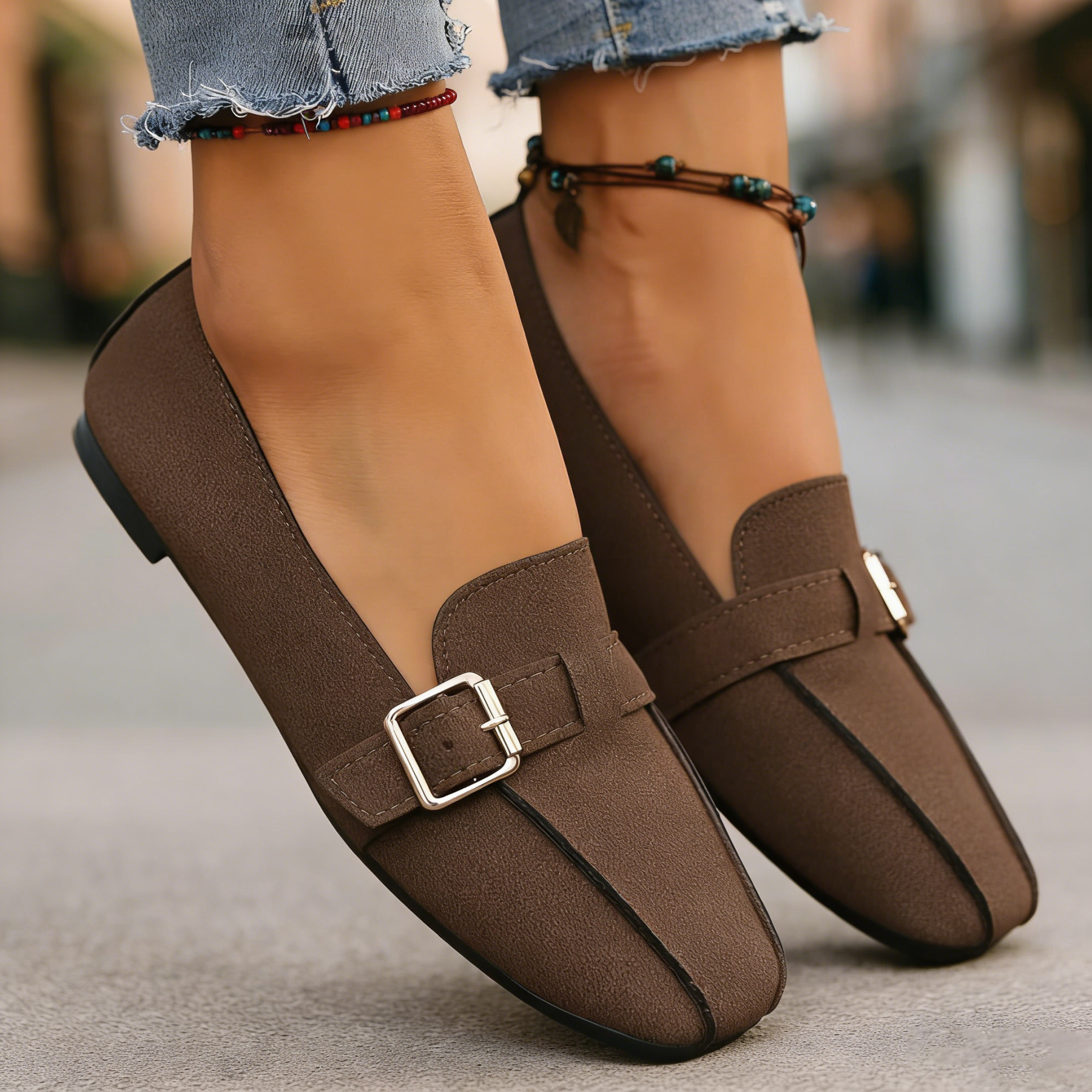 Women’s Vintage Buckle Strap Loafers – Comfortable Low Heel Casual Shoes