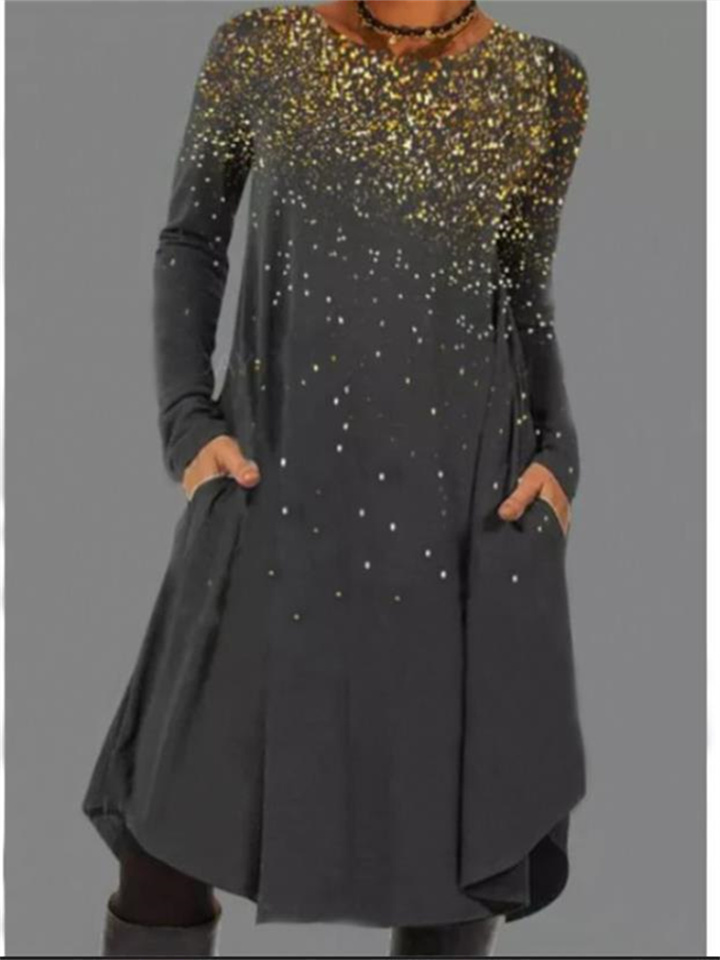 Women’s Comfortable Casual Long Sleeve Printed Pocket Dress