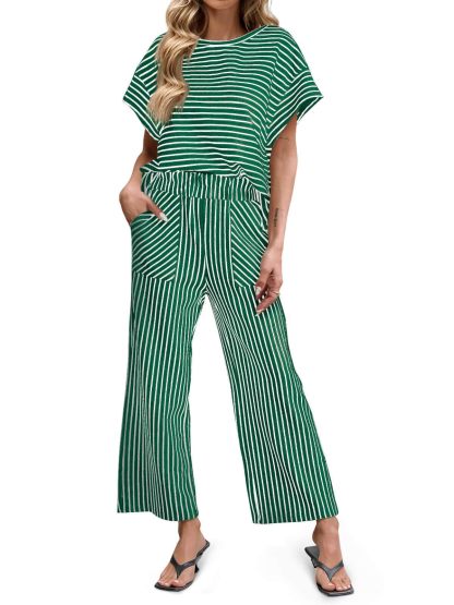 ⏰ LAST DAY SAVE 50% 💥Womens Striped Short Sleeve T Shirts Wide Leg Pants Matching Lounge Set