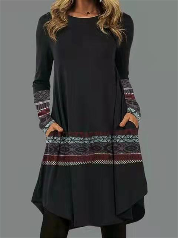 Women’s Comfortable Casual Long Sleeve Printed Pocket Dress