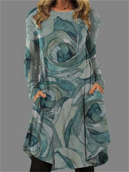 Women’s Comfortable Casual Long Sleeve Printed Pocket Dress