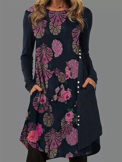Women’s Comfortable Casual Long Sleeve Printed Pocket Dress