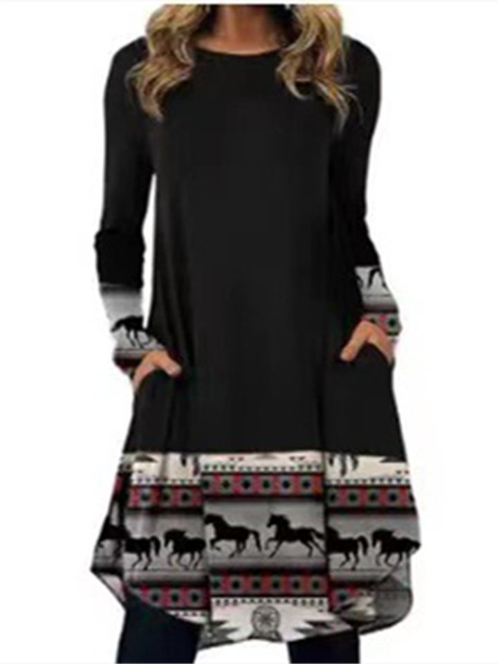 Women’s Comfortable Casual Long Sleeve Printed Pocket Dress