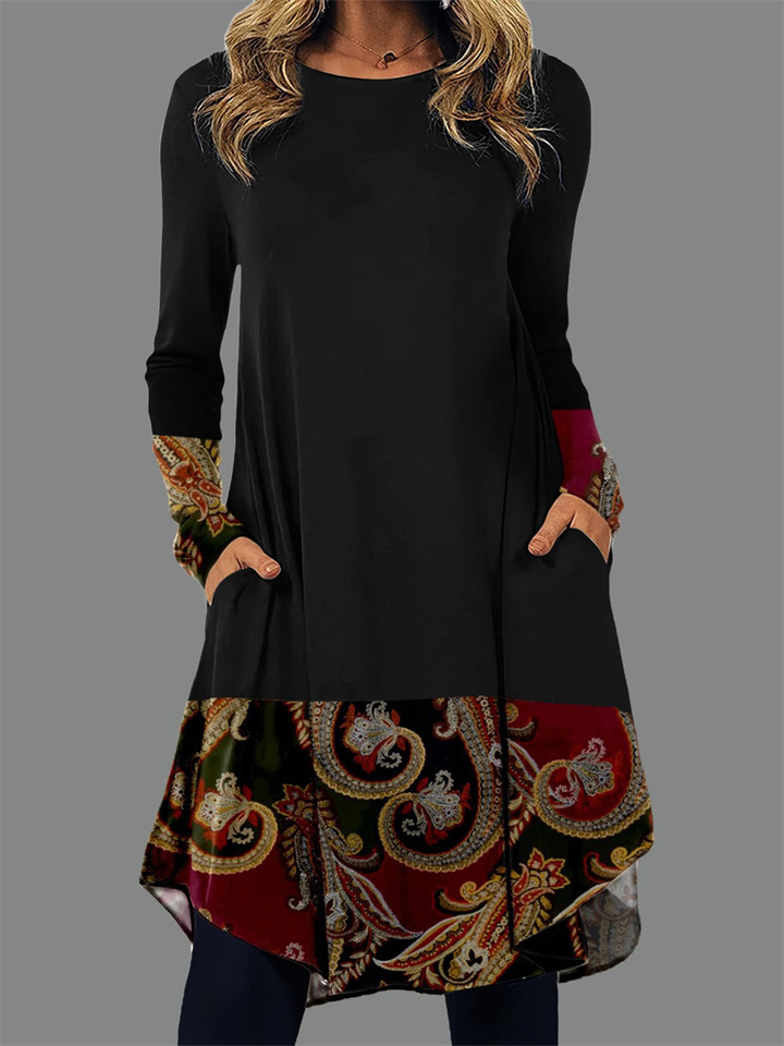 Women’s Comfortable Casual Long Sleeve Printed Pocket Dress