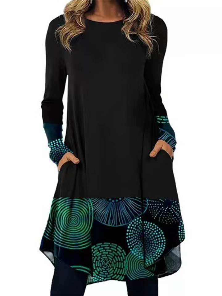 Women’s Comfortable Casual Long Sleeve Printed Pocket Dress