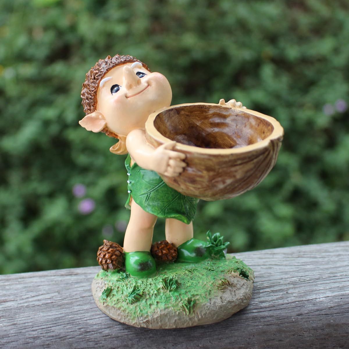 Elf Hand Held Walnut Bird Bath Bowl Bird Feeder
