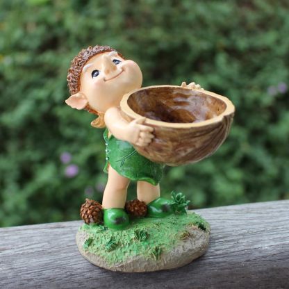 Elf Hand Held Walnut Bird Bath Bowl Bird Feeder