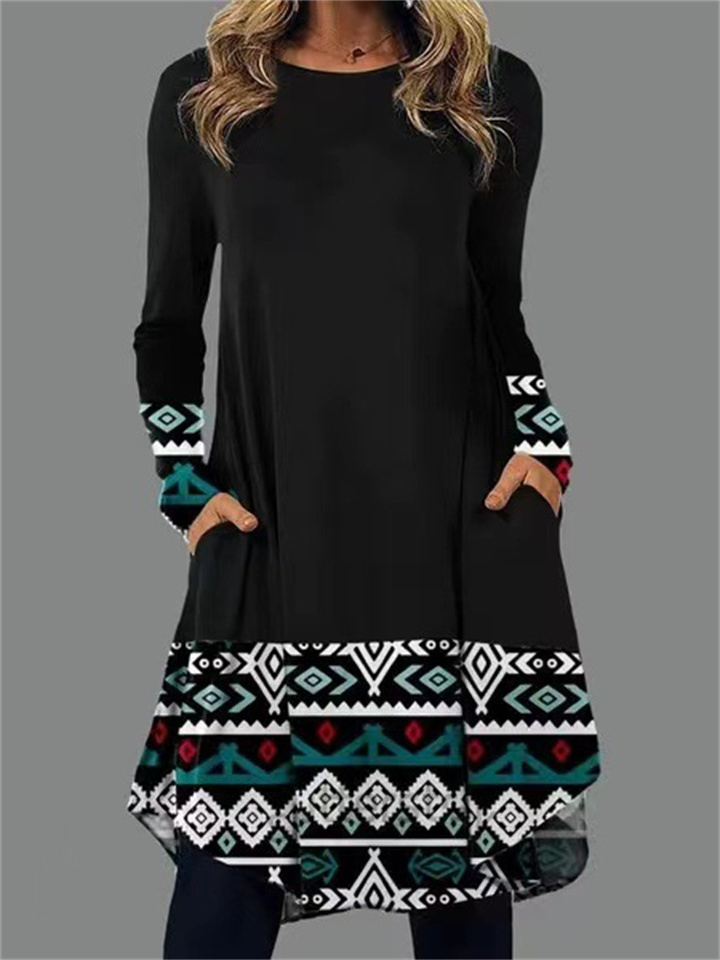 Women’s Comfortable Casual Long Sleeve Printed Pocket Dress