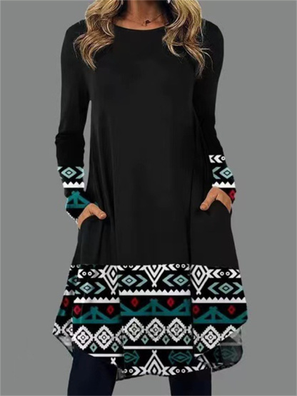 Women’s Comfortable Casual Long Sleeve Printed Pocket Dress