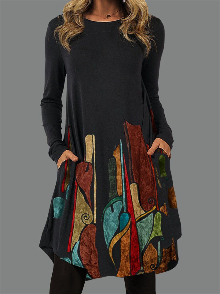 Women’s Comfortable Casual Long Sleeve Printed Pocket Dress