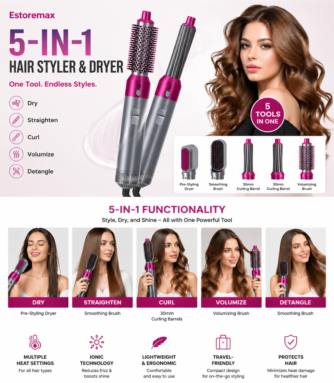 5-in-1 Hair Styler & Dryer – Straighten, Curl, Dry, Volume & Comb – For Curly & Straight Hair
