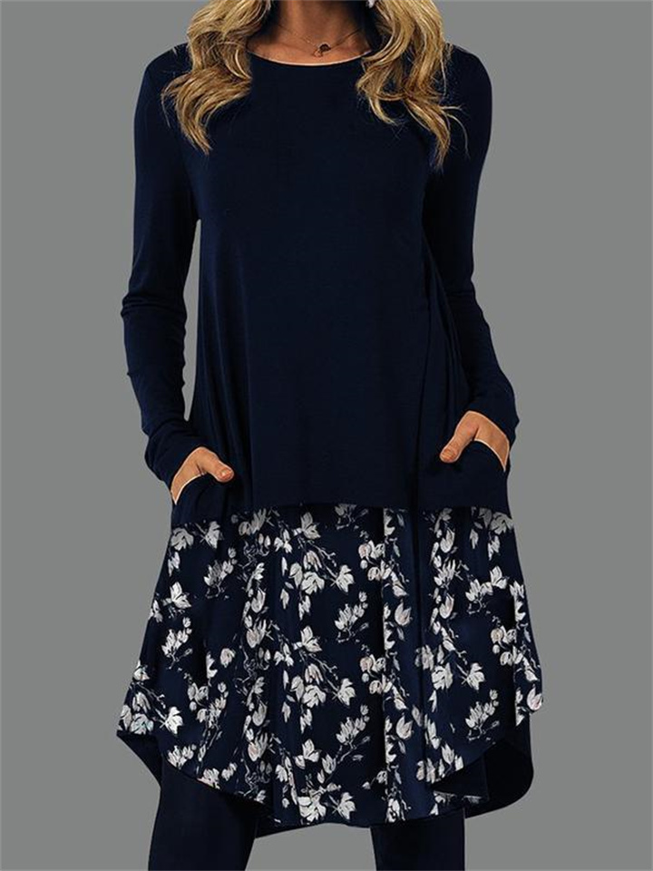 Women’s Comfortable Casual Long Sleeve Printed Pocket Dress
