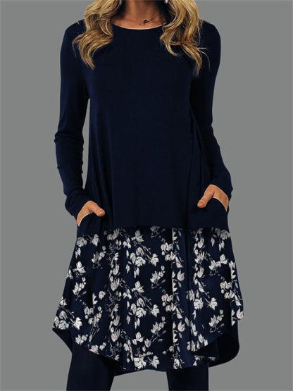 Women’s Comfortable Casual Long Sleeve Printed Pocket Dress