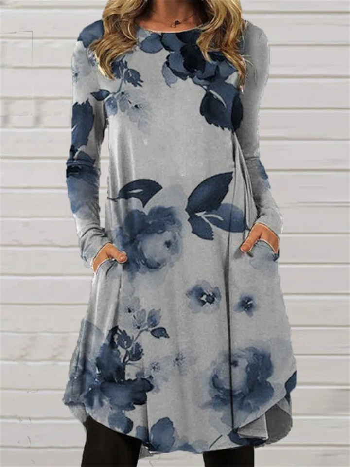 Women’s Comfortable Casual Long Sleeve Printed Pocket Dress