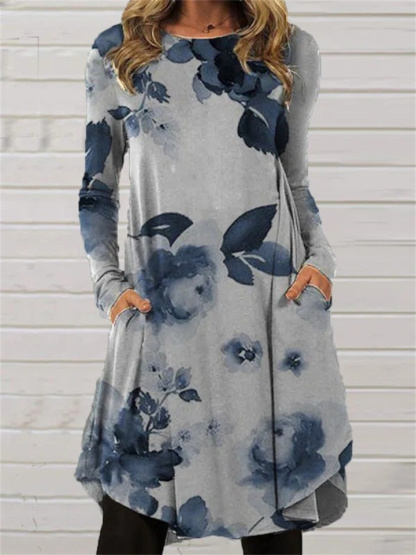 Women’s Comfortable Casual Long Sleeve Printed Pocket Dress