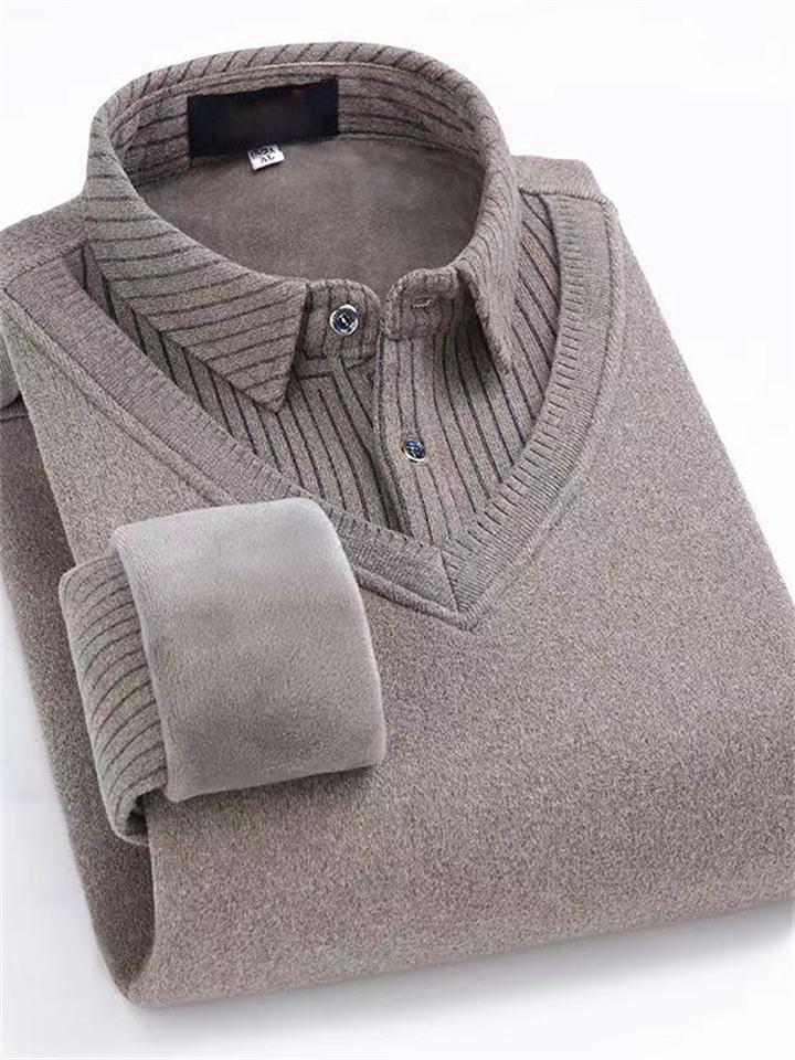 Men's Sweater Knit Shirt Collar Fleece-Lined Thickened Warm Faux Two-Piece