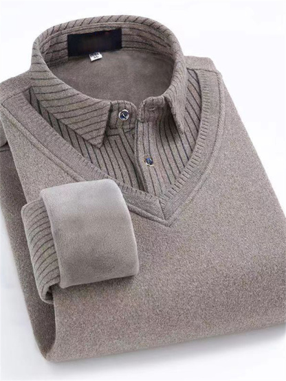 Men's Sweater Knit Shirt Collar Fleece-Lined Thickened Warm Faux Two-Piece