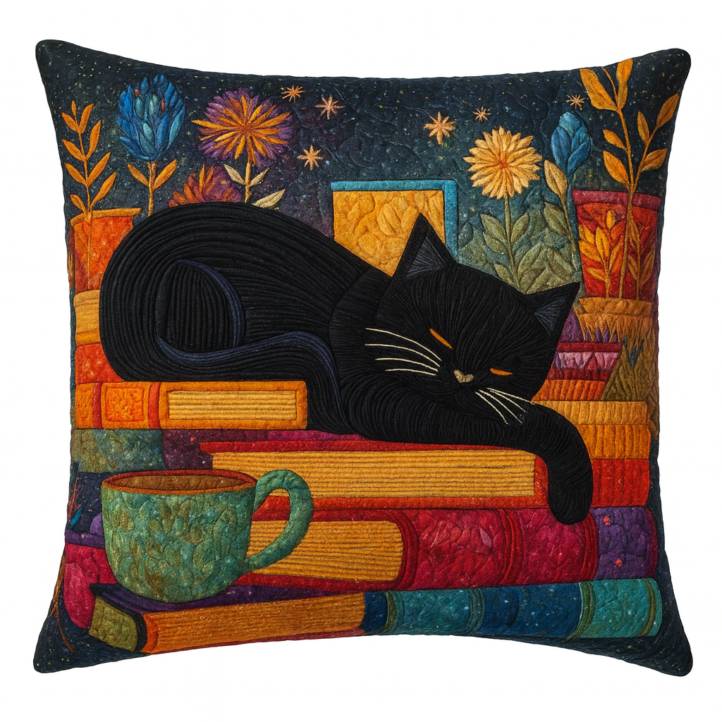 Midnight Library Cat Quilted Pillow