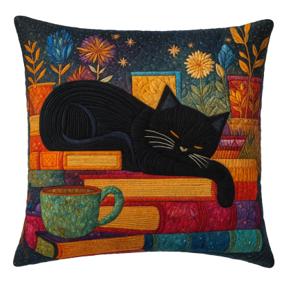 Midnight Library Cat Quilted Pillow