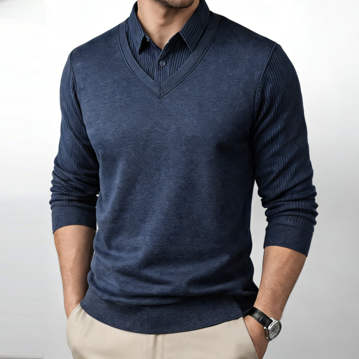 Men's Sweater Knit Shirt Collar Fleece-Lined Thickened Warm Faux Two-Piece