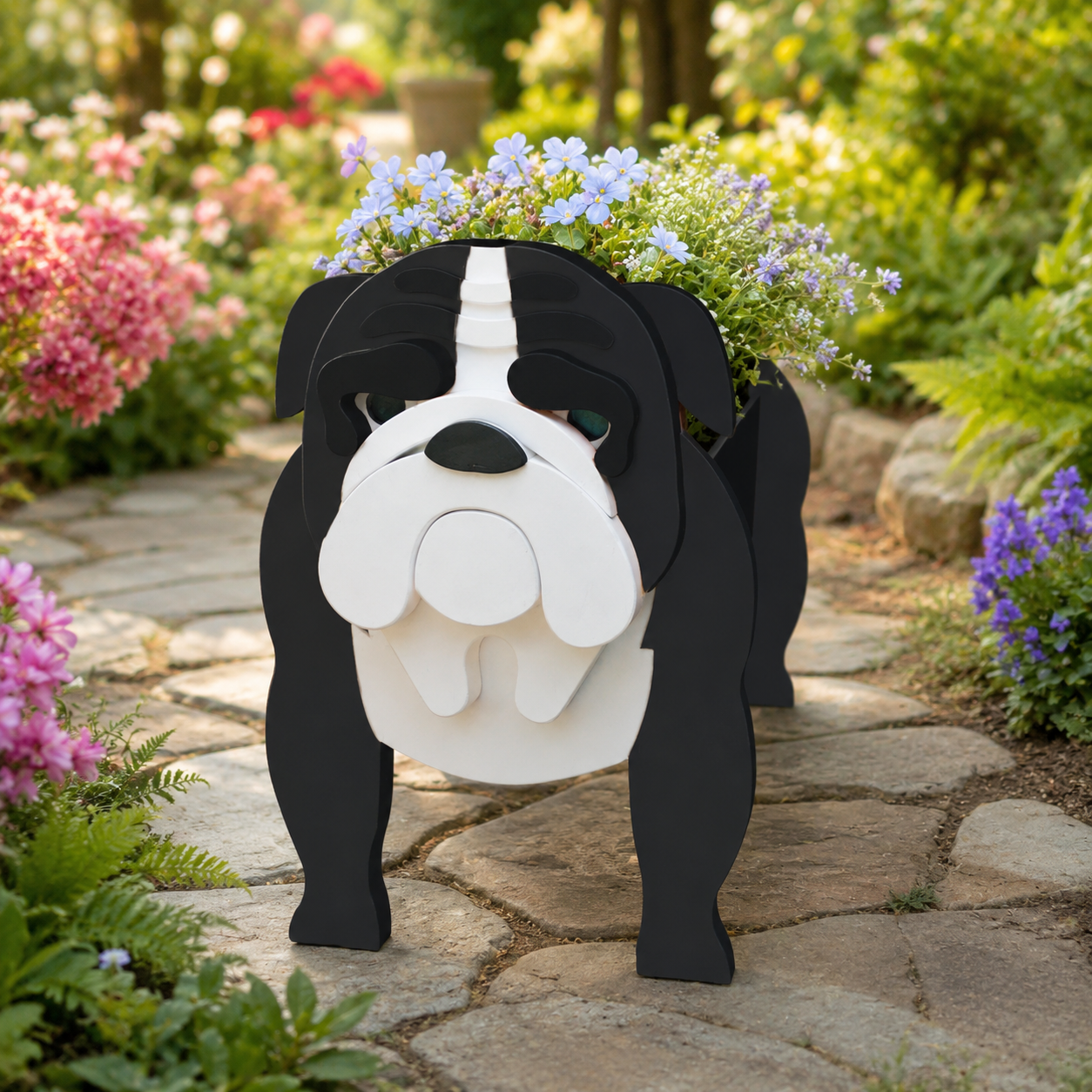 Black and White English Bulldog Dog Planter