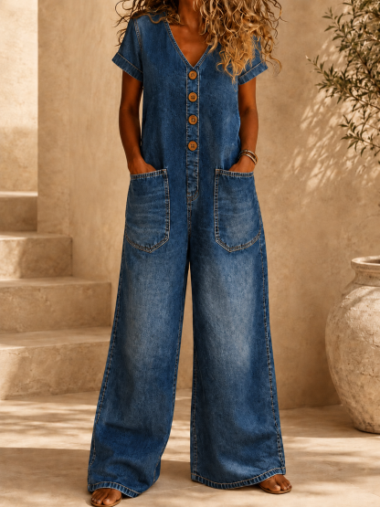 Women’s Casual Denim Wide-Leg Jumpsuit with Button Front and Pockets