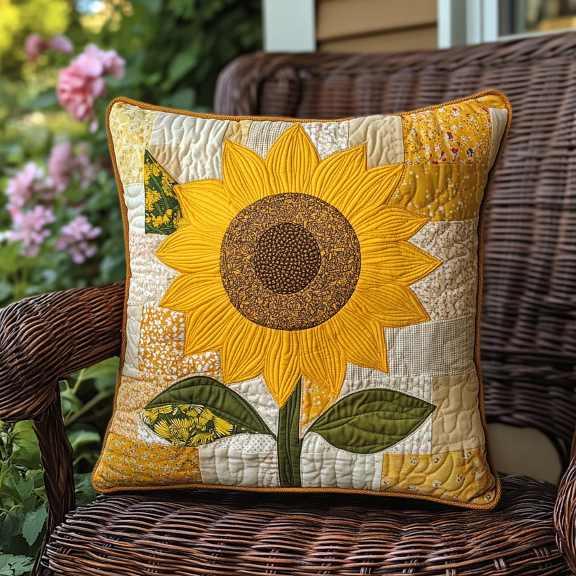 Vintage Sunflower Patchwork Quilted Pillow