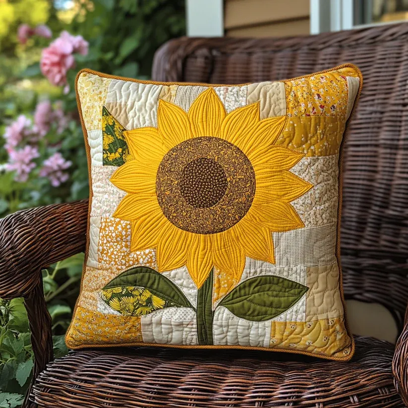 Vintage Sunflower Patchwork Quilted Pillow